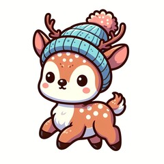 Naklejka premium Cute Deer Wearing Beanie Hat Winter Cartoon Vector Icon Illustration