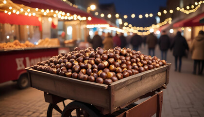 A cart filled with roasted chestnuts at a nighttime outdoor market, surrounded by warm lights and bustling crowds.
