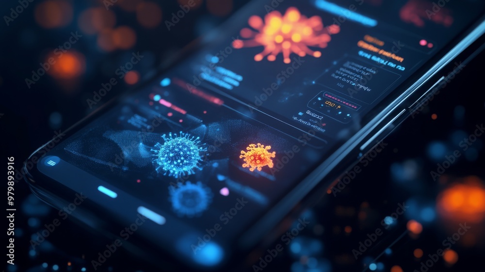 Aufkleber A mobile device is showcasing a visualization app featuring vibrant virus models in blue and orange. The screens display data analytics and engaging graphics related to virus information.