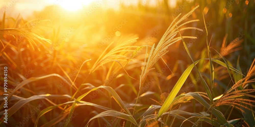 Poster golden sunset through grass