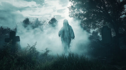 Ghostly Apparition of a ghostly figure emerging from a misty graveyard with tattered clothes and a glowing, ethereal aura surrounding it