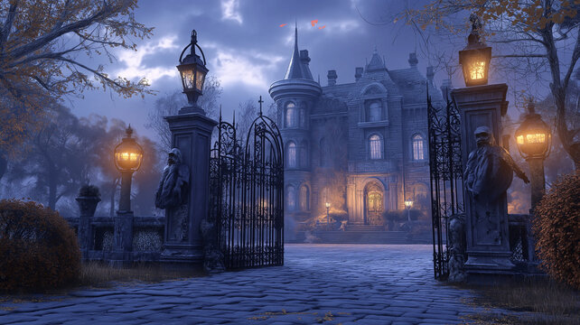 Gothic Halloween Mansion,  A grand gothic-style mansion decorated for Halloween, with flickering lanterns, cobweb-covered statues and a creepy iron gate
