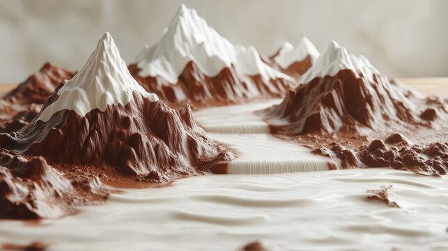 A whimsical landscape featuring chocolate mountains and a flowing river of milk, capturing the essence of a sweet paradise in an enchanting setting
