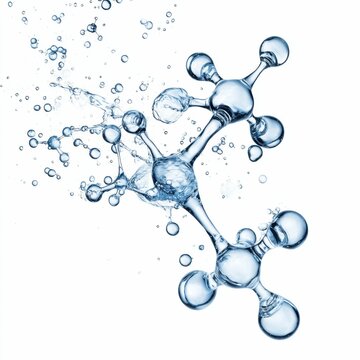 Molecular composition featuring amino acid and water molecular structures on white background. High quality, detailed image representing hydration and moisturizing effects