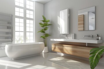 Modern Eco-Friendly Bathroom with Energy-Efficient Tankless Water Heater and Contemporary Design Elements