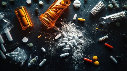 Drug addiction international day against drug abuse and illicit drug trafficking visuals featuring drugs set against a dark backdrop