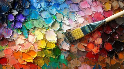 Fototapeta premium Large paint brush resting on an artists palette covered in oil paint
