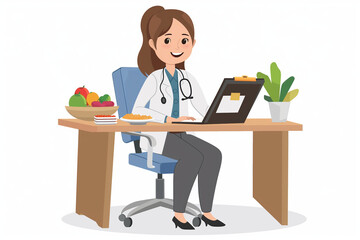 Illustration of female dietician sits at her desk in her office, smiling at the camera. 