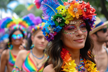 young woman in the foreground in a parade through the city surrounded by many more people wearing flowery clothes and hats in rainbow colors, horizontal, lgtbq+, lgtb, pride day,