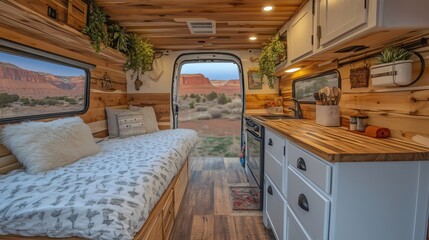 Cozy camper van interior conversion showing kitchen and bed with desert view
