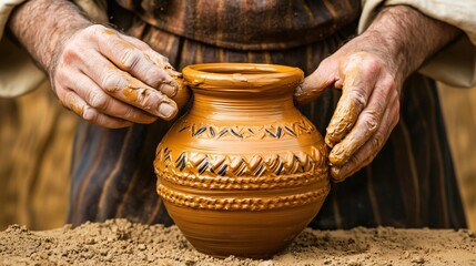 Potter making traditional clay vase in workshop
