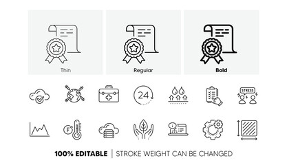 Waterproof, Certificate and Cogwheel line icons. Pack of Square area, Cloud computing, Fair trade icon. Diagram, Cloud server, Fahrenheit thermometer pictogram. Difficult stress. Line icons. Vector