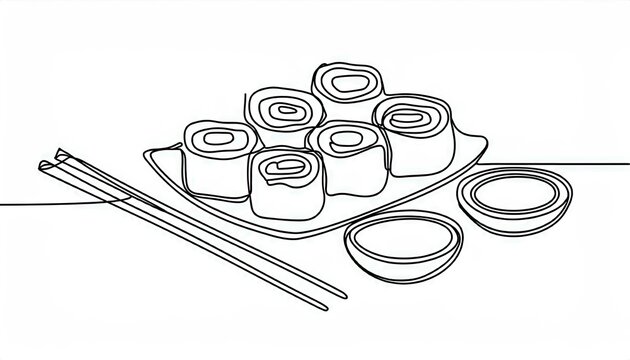recommend clip art: Single continuous line drawing of Sushi rolls, chopsticks and soy sauce