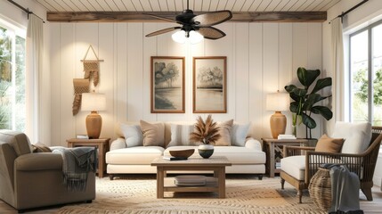 Cozy living room with neutral tones, wooden accents, and modern decor in a bright and airy setting