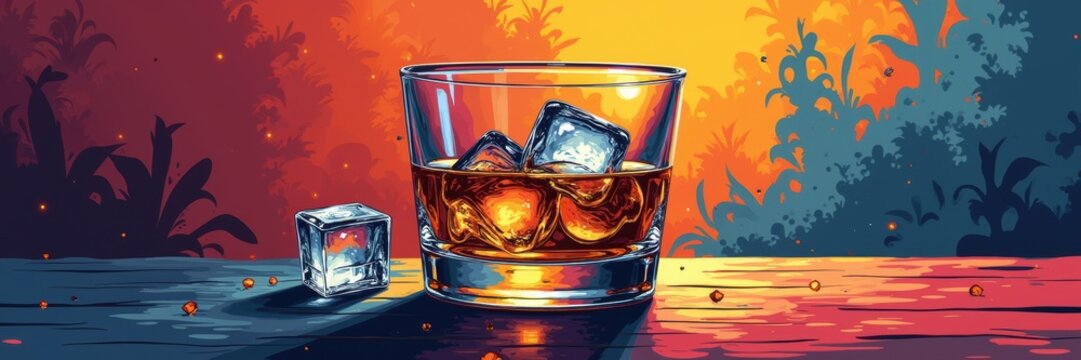 A beautifully illustrated glass of whiskey with ice cubes, set against a vibrant sunset background. Perfect for bar promotions, cocktail menus, or beverage advertising.