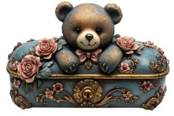 a teddy bear on a blue box. 