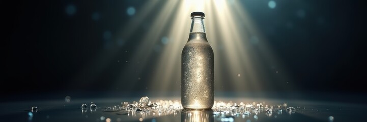 A captivating glass bottle illuminated by beams of light, highlighting sparkling water droplets. Ideal for beverage promotions and advertising.