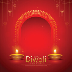Happy Diwali - festival of lights colorful poster template design with decorative diya lamp.