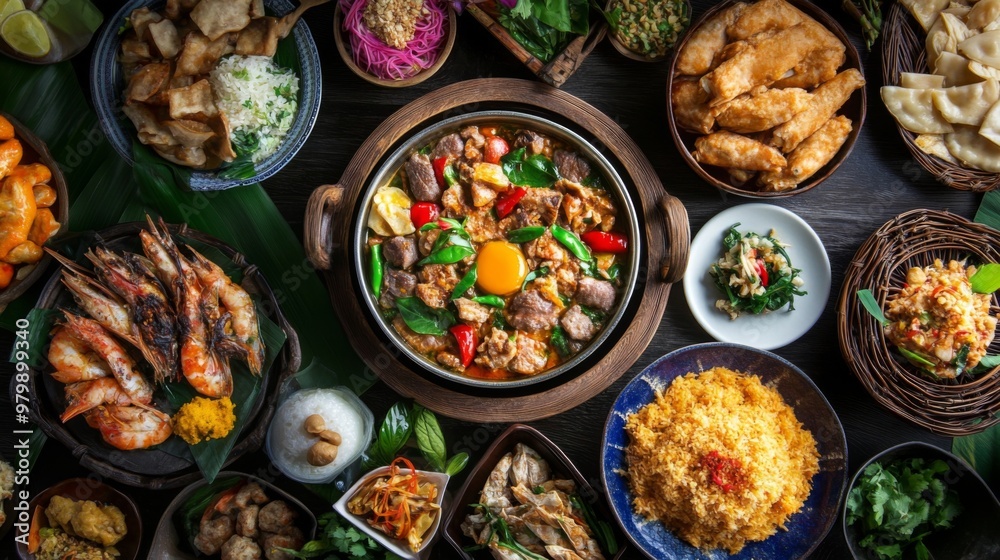 Poster An overhead view of a breakfast spread featuring with a focus on the small pan and its delicious contents, surrounded by additional Thai breakfast dishes