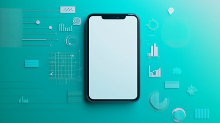 A sleek smartphone on a blue-green gradient, surrounded by minimalist digital investment icons.