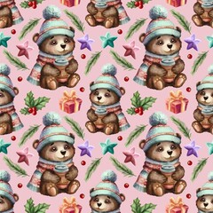Seamless pattern digital watercolor cute baby bear winter cold weather snow gift mistletoe star design decoration background wallpaper fabric textile ornament hot drink knitted scarf and hat