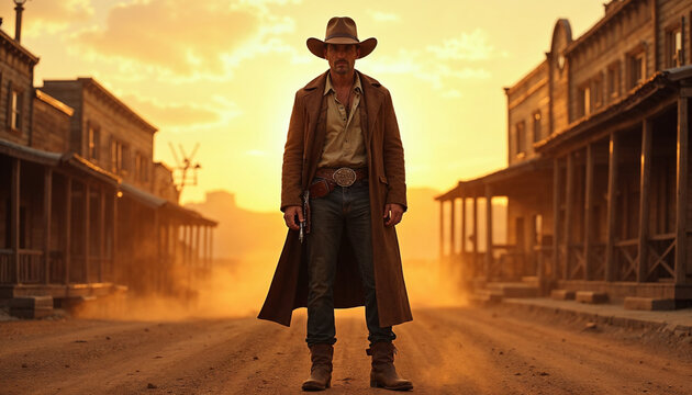 Rugged Wild West gunslinger in a dusty frontier town, with sunset casting a dramatic glow and a tense, cinematic atmosphere.






