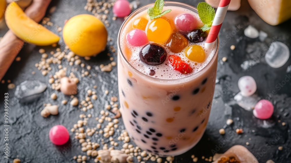 Poster An overhead view of a bubble tea with a variety of toppings, such as fruit jelly and popping boba, arranged artistically on a flat surface with a decorative background.