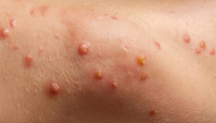 Fototapeta premium Close-up of Inflamed Red Plaques on Skin. Dermatological Symptoms of Psoriasis or Eczema Showcasing Red, Raised, Scaly Patches on Light Skin, Depicting a Severe Skin Condition. Allergic Reaction