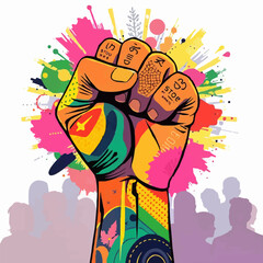A colorful raised fist with vibrant abstract patterns and textures, representing power, resistance, or social justice, with silhouettes of people in the background. Clenched Fists Held High
