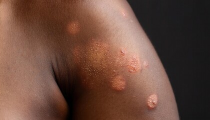 Fototapeta premium Close-up of Inflamed Red Plaques on Skin. Dermatological Symptoms of Psoriasis or Eczema Showcasing Red, Raised, Scaly Patches on Light Skin, Depicting a Severe Skin Condition. Allergic Reaction