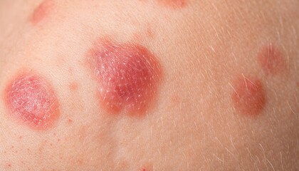 Fototapeta premium Close-up of Inflamed Red Plaques on Skin. Dermatological Symptoms of Psoriasis or Eczema Showcasing Red, Raised, Scaly Patches on Light Skin, Depicting a Severe Skin Condition. Allergic Reaction