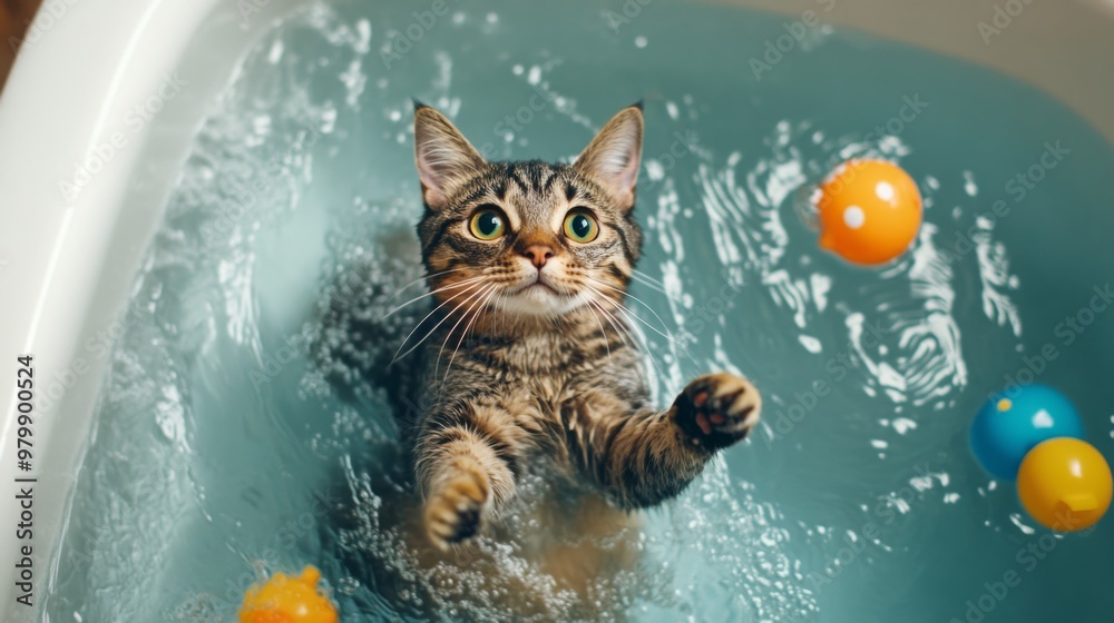 Poster An overhead view of a cat playing with bath toys in a tub, with water splashing around and the cat playful interaction making for a fun and engaging scene.