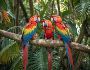 Three Scarlet Macaws on a Branch