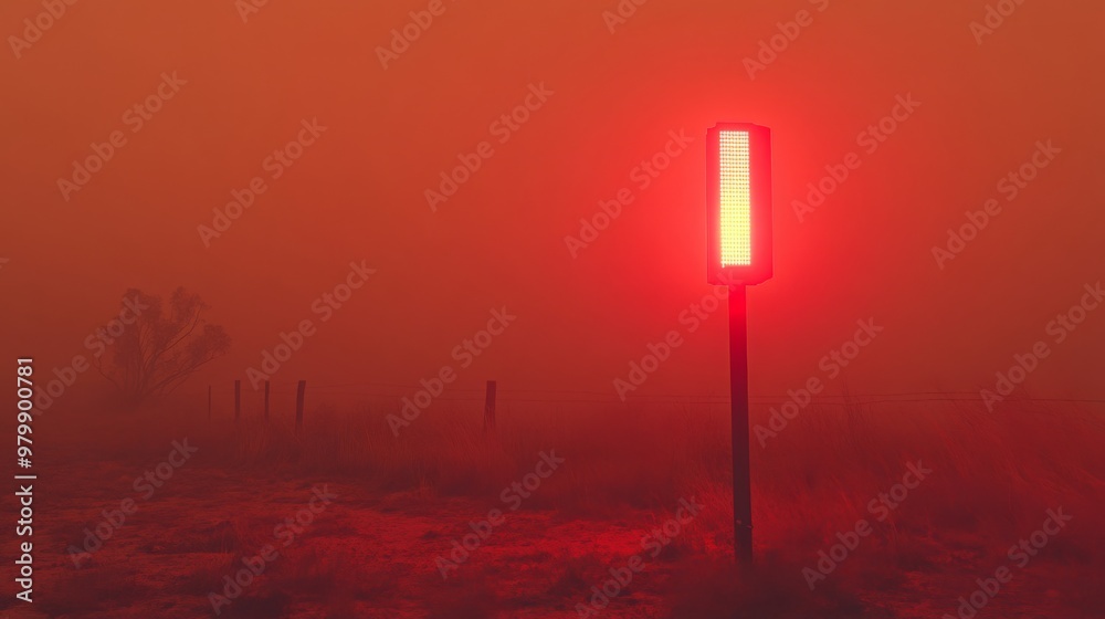Poster a bright red warning light stands alone amidst thick fog in a rural setting as dusk approaches, cast