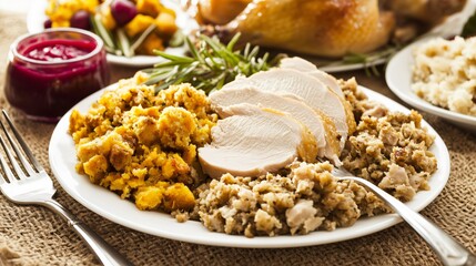 Sliced turkey breast and stuffing on a plate for thanksgiving dinner