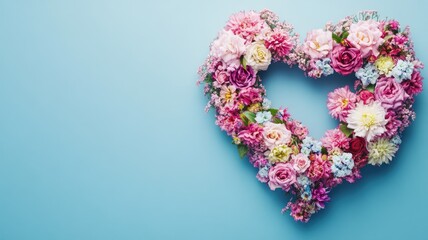 A heart-shaped floral wreath made from a variety of fresh, colorful flowers set against a soft blue background.