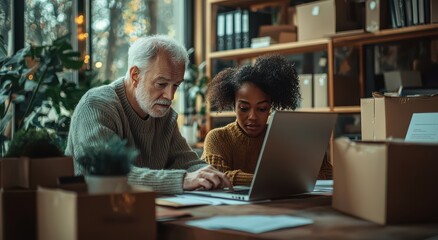 Collaborative workspace with older man and younger woman working together on a laptop