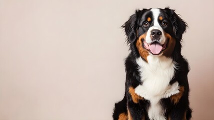 A Bernese Mountain Dog sitting calmly on a light solid color background, showcasing its fluffy coat and friendly expression