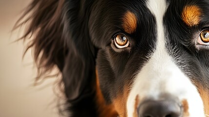 Fototapeta premium A close-up of a Bernese Mountain Dog's face, highlighting its striking features and expressive eyes against a light solid color backdrop