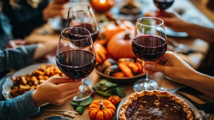 Family toasting with red wine at thanksgiving dinner table celebrating with food and drink