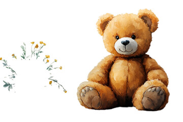 a teddy bear next to a bouquet of flowers. 