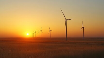 Renewable wind energy powers turbines, providing sustainable electricity. As the sun dips, casting a golden glow on the wind farm, it symbolizes the harmony between energy sustainability