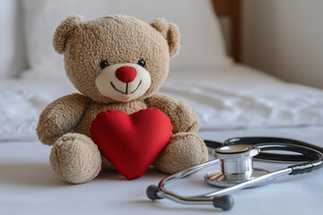 Teddy bear with stethoscope and heart on a white table.