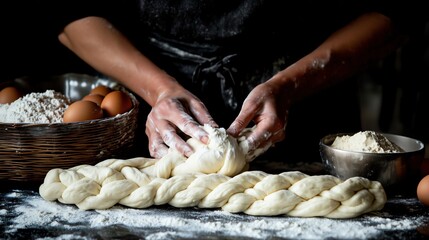 Baker kneading dough for braided bread in a bakery - Powered by Adobe