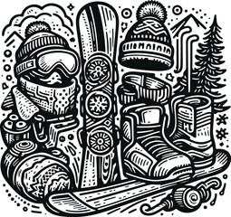 Monochrome Cosmonaut Snowboarding Elements For Emblems, Badges And Levels Vector Illustration