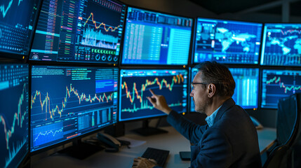 A financial analyst is engaged in algorithmic trading, analyzing multiple screens displaying complex data and charts. atmosphere is focused and intense, reflecting fast paced world of finance