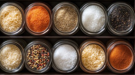 An overhead view of a neatly arranged spice rack featuring jars of cooking salt, with a focus on its texture and packaging alongside other seasonings.
