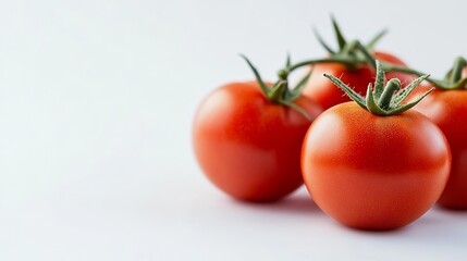 Ripe, isolated tomatoes on a white backdrop. Whole, organic tomatoes offer a burst of freshness. A delectable, nutritious addition to salads and seasonal dishes. 