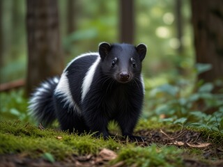 Fototapeta premium Adorable skunk standing in a lush green forest, calmly observing surroundings