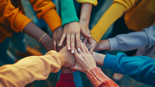 Celebrating diversity and inclusion, group of hands unite in vibrant display of teamwork and collaboration. This image captures essence of togetherness and shared culture